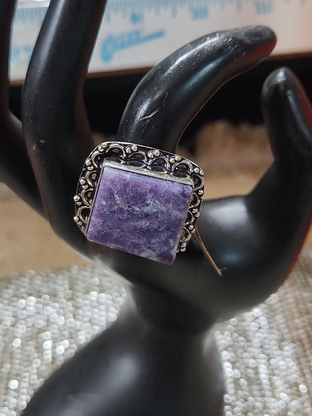 Source Unknown Purple Stone Square Ring with Silver-Tone Filigree